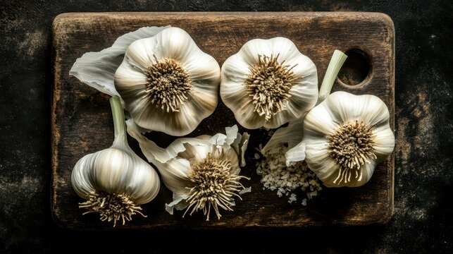 Overhead View of Organic Garlic Bulbs Arranged on Wood