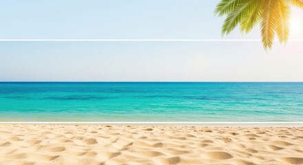 A beautiful tropical beach with clear turquoise water, golden sand, and a palm tree in the corner under a sunny sky