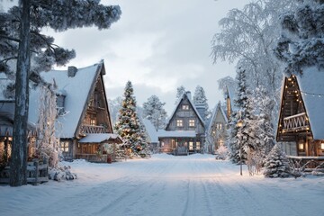 Naklejka premium Beautiful village of romantic christmas and winter themed decorated christmas tree and snowfall in december.