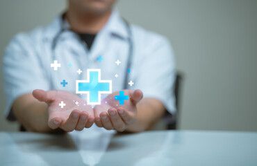 Healthcare Professional Offering Help, healthcare medical icon. Health insurance health concept, consulting support and healthcare advice. Kindness, counseling and medical therapy.