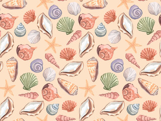 seashore seamless pattern with starfish, clam, seashell colorful summer design
