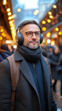 A man wearing a black coat and glasses stands in a busy street with a backpack on. He is wearing headphones and he is listening to music. The scene is bustling with people walking around