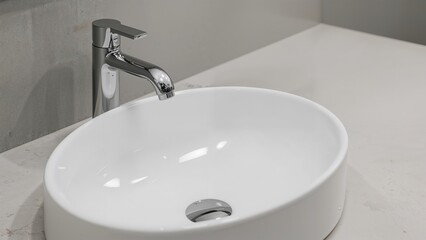 Fototapeta premium Contemporary bathroom sink with close-up view of wash basin and mixer tap.