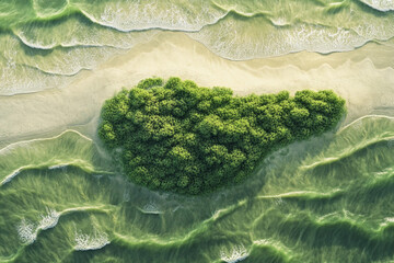 A lush green patch breaking the monotony of endless desert sand waves