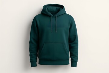 Dark green hoodie with pocket and drawstrings isolated on white background