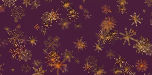 Abstract pattern of golden snowflakes on a deep purple background. Perfect for holiday themes, winter backgrounds, Christmas designs, and festiv