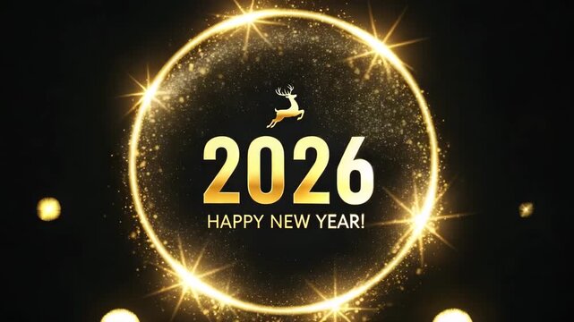 Golden glowing circle with 2026 and happy new year text, featuring a deer silhouette and sparkling particles on a dark background