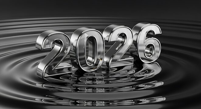 Reflective chrome 2026 numerals over rippling water surface, anticipating the New Year with hope and excitement, perfect for calendar announcements and celebratory designs