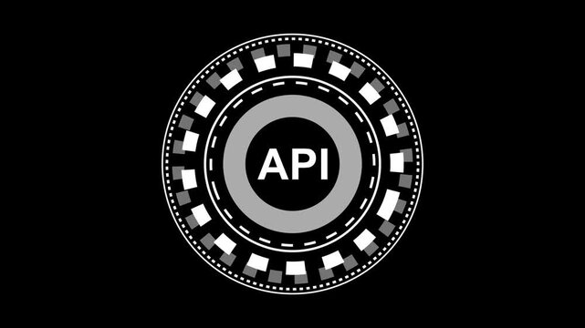 the screen showing text "API", generative api technology icon neon icon ,projector animation icon ,powerful black background projector animation technology video.4k animation