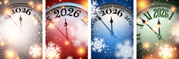 Festive snowy clocks in red, blue, green, and gold tones counting down to 2026. Perfect holiday Vector illustration. © Vjom