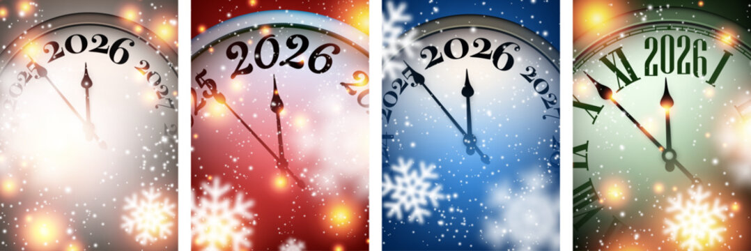 Festive snowy clocks in red, blue, green, and gold tones counting down to 2026. Perfect holiday Vector illustration.