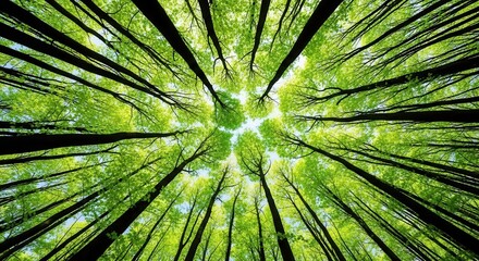 Looking up through the canopy of lush green trees in a forest, creating a natural ceiling effect