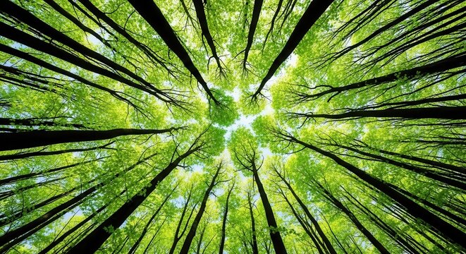 Looking up through the canopy of lush green trees in a forest, creating a natural ceiling effect