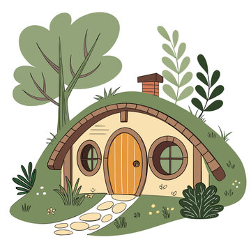 Hobbit house with a tree, cute vector illustration