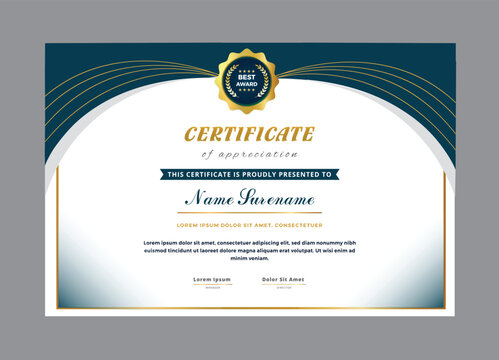 Elegant blue and gold certificate of appreciation template vector design