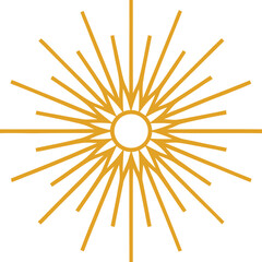 Bright sunburst icon with radiating rays. Warm sunlight and energy symbol on transparent background