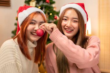 Two Young Women Celebrating Christmas Joyfully with Red Bauble and Santa Hats Enjoying Festive Season Holiday Cheer and Happiness at Home by Christmas Tree