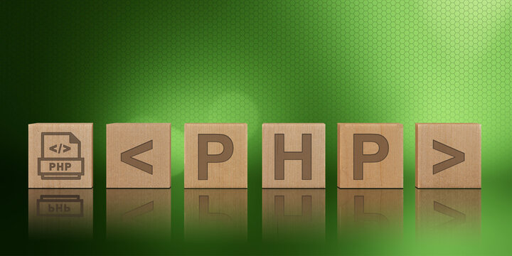 Wooden cubes with PHP word on abstract background technology concept and programming