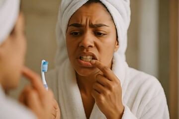 Young woman looking at her red bleeding gums