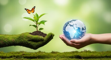 Hands holding a plant with a butterfly and a glowing earth, symbolizing environmental protection and growth
