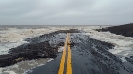 Inundated coastal roadway submerged in rough turbulent ocean water