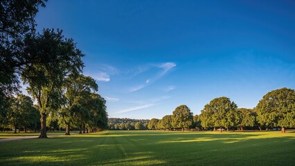 Obraz premium Park with trees and green lawn, under a blue sky.