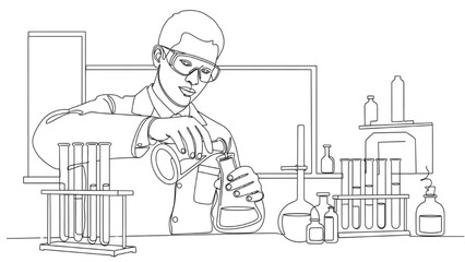 Scientist Line Art — Researcher Pouring Liquids Between Flasks with Lab Table and Test Tubes, Minimal Continuous Vector Illustration