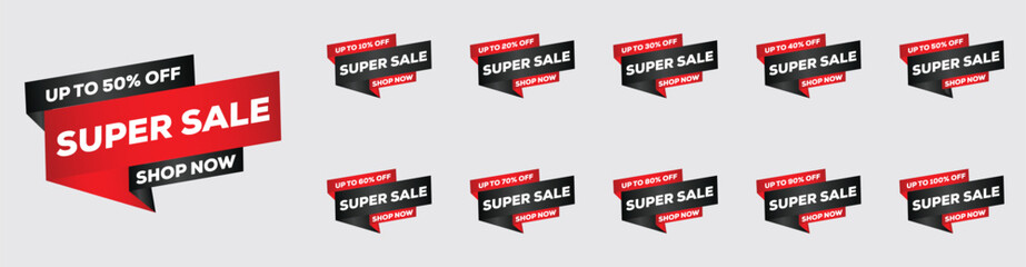 Fototapeta premium Realistic Super Sale Banners – Mega Discount Labels 10% to 100% Off | Vector Promotion Design
