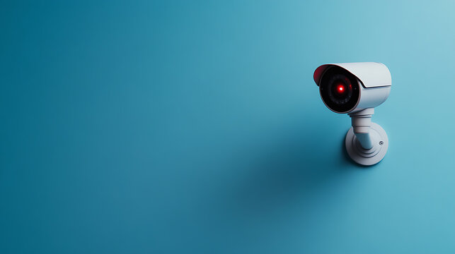 A watchful sentinel stands guard against a vibrant blue backdrop, its unblinking red eye hinting at constant surveillance and protection. Vigilance for peace of mind.