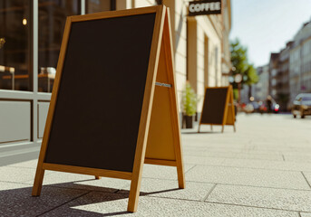 Mockup sidewalk aframe sign outside cafe close up matte board wooden legs sun shadow pavement granule with wide copy space for menu special offer poster