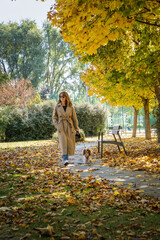 Full length of a middle-aged woman strolling with her cavalier king charles spaniel puppy in an autumn day