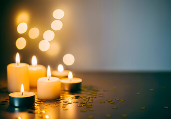 Burning candles with golden confetti and right copy space holiday celebration mood