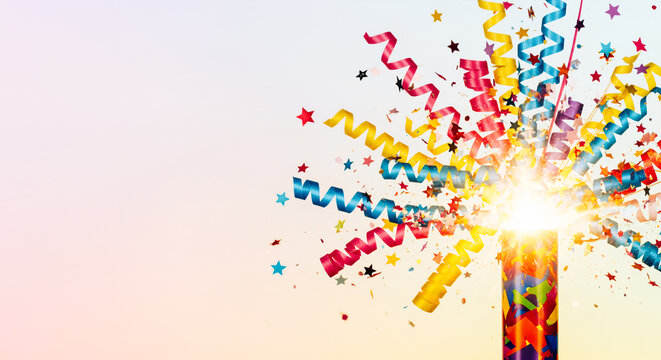 Party cracker burst with ribbon and left copy space celebration background