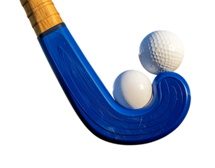 Blue Field Hockey Stick Balancing White Ball, Front View, Isolated on Transparent Background PNG