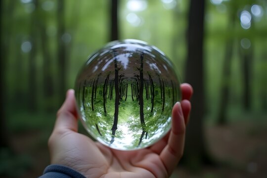 A photographer holding a glass orb reflecting an upside-down forest. - Powered by Adobe