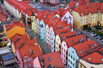Colorful European town rooftops and street scene, Glogow, Poland
