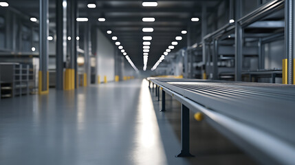 Fototapeta premium Inside a vast warehouse, rows of lights illuminate an automated conveyor belt system, stretching through the workspace, ready for efficient transport and logistical operations.
