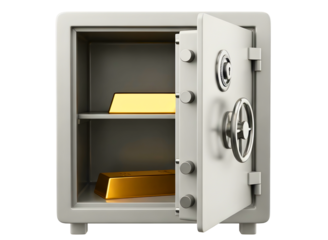 Open safe with gold bars inside isolated on transparent background