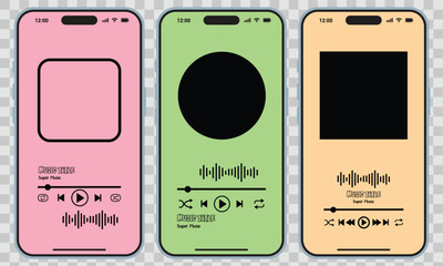 Three colorful smartphones display music player interfaces with varying shapes and equalizer visualizations against a transparent background