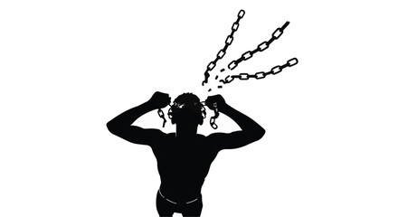 Silhouette of a person breaking chains wrapped around their head in black and white illustration