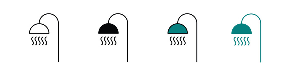 Hot shower icon in outline, solid, and color styles with a white background, available in EPS format. Perfect for bathroom, hygiene, spa, and relaxation-themed designs.