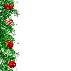 Border with green fir branches, stars, balls isolated on transparent background.	