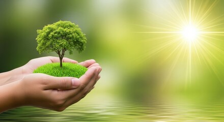 Hands holding a small green tree on a mound of grass with sunlight and water reflection