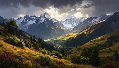 Fototapeta premium A scenic mountainous landscape unfolds beneath a dramatic sky, with valleys and sunlit slopes contrasting with the snow-capped peaks