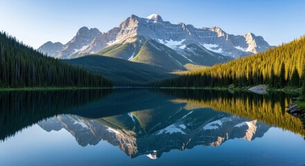Majestic mountain range reflected in a calm, clear lake surrounded by dense pine forest under a bright blue sky