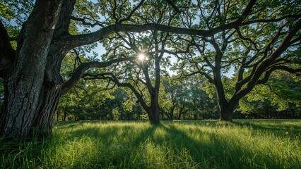Sunlight filtering through the branches and illuminating the forest floor