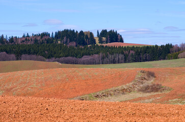 Rolling hills, freshly tilled fields, forest vista