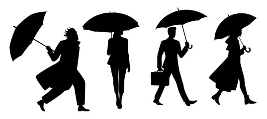 Black and white silhouette of people walking with umbrellas in various poses, minimalist vector illustration with strong contrast on transparent background, horizontal layout © Creative_Juice_Art