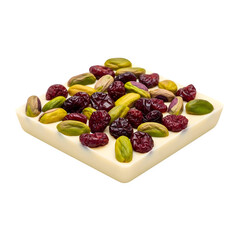 square piece of white chocolate with pistachio nuts and dried cranberries topping, isolated on white or transparent background. PNG