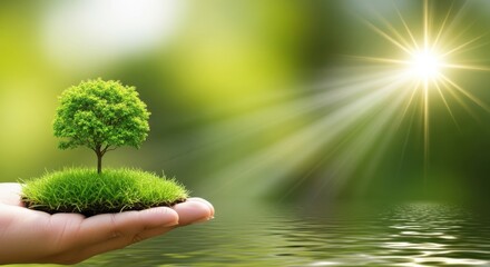 A small green tree grows on a patch of grass held in a persons hand, bathed in sunlight